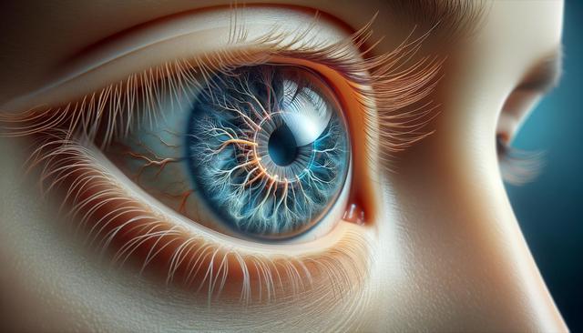 Detailed close-up of a human eye with striking blue iris and orange-red veins.