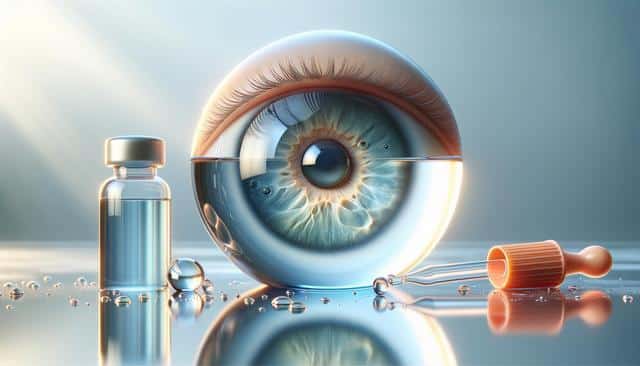 A large eye submerged in water next to a glass vial and a dropper on a reflective surface.