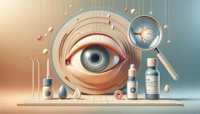 Surreal illustration of a giant eye, surrounded by floating elements, a magnifying glass, and eye care products.