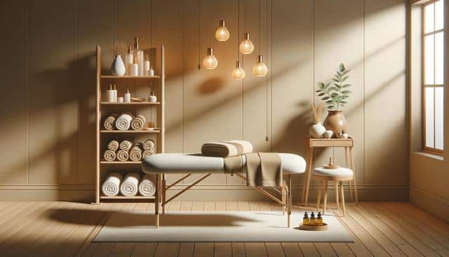 Minimalist spa room with massage table, soft lighting, rolled towels, and potted plant.