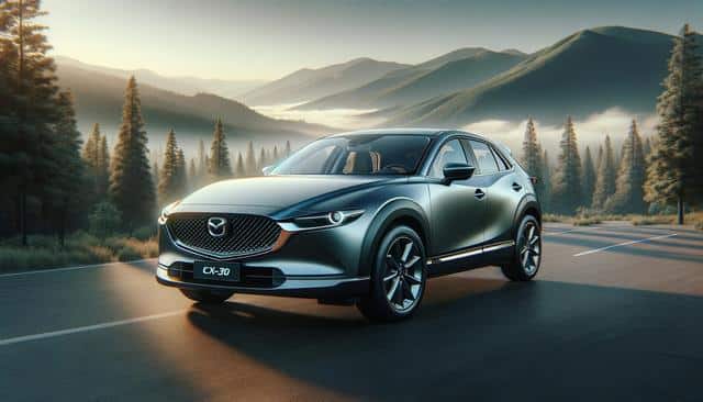 A silver SUV on a road with a scenic backdrop of mountains and trees under an early morning sky.