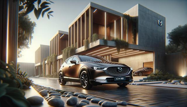 Sleek Mazda car parked on a modern, minimalist driveway with a stylish building in the background.