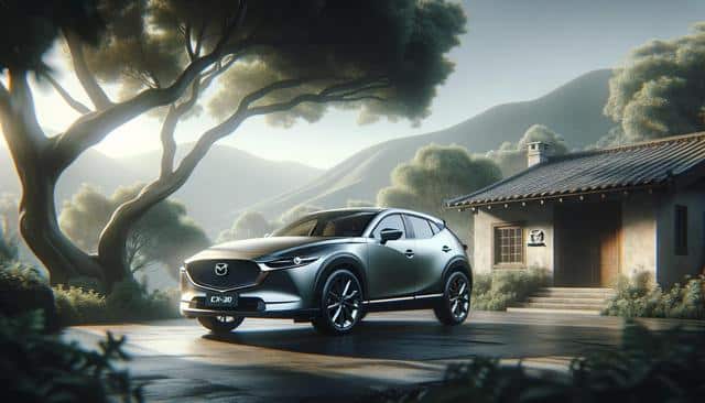 A sleek SUV is parked in front of a rustic house surrounded by hills and trees.