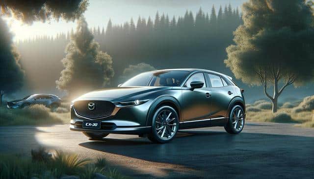 Sleek SUV parked on a sunlit road surrounded by trees, with soft light creating a serene atmosphere.