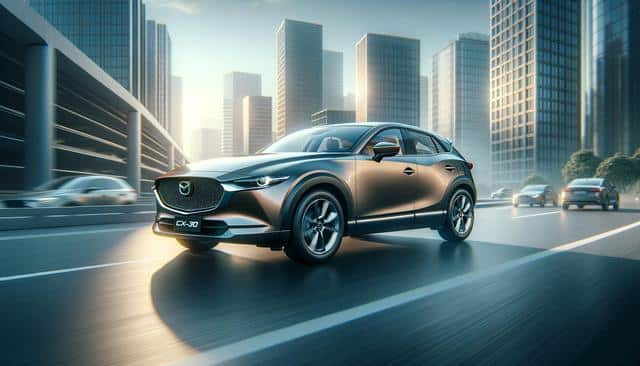 A sleek car driving on a city road with tall buildings.