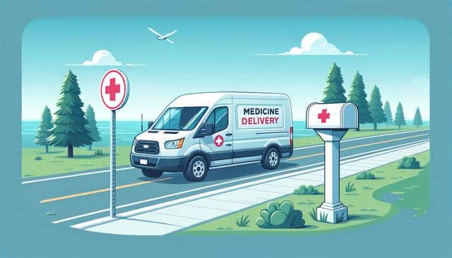 A medicine delivery van parked on a road near a mailbox, with trees and a sea in the background.