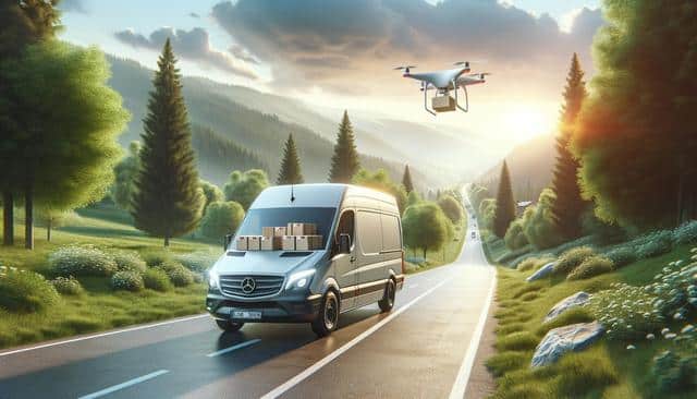 A van with packages drives on a scenic road, while a drone carries a parcel overhead.