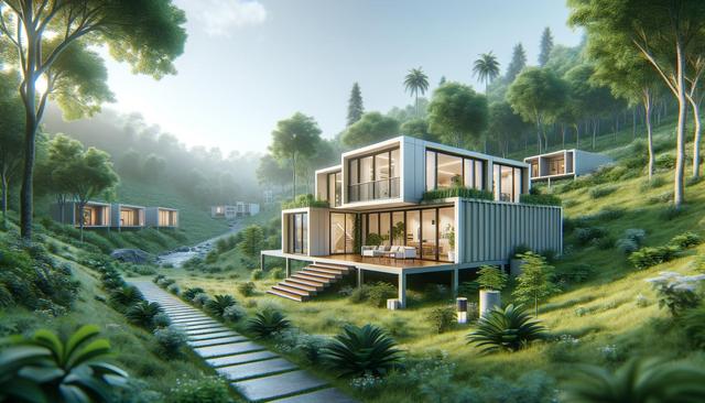 Modern hillside home with large windows, surrounded by lush green trees and grass, with a stone path leading to the entrance.