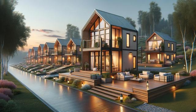 Modern cabins lined up beside a serene boardwalk, surrounded by trees and soft evening light.
