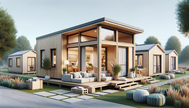 Modern tiny homes with large windows on a sunny day, surrounded by greenery.