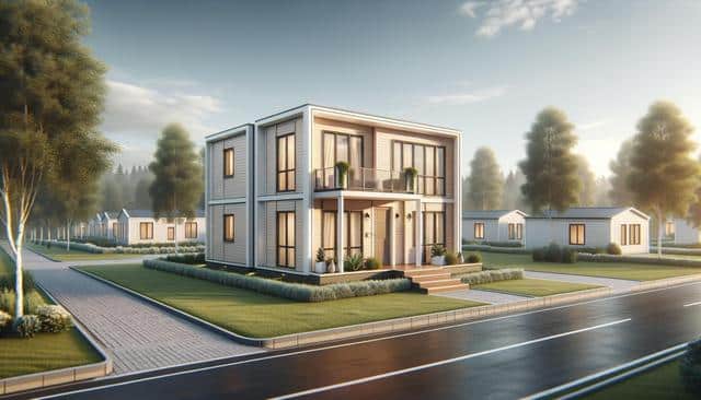 Modern two-story house with large windows, surrounded by neat lawns and trees, under a clear sky.