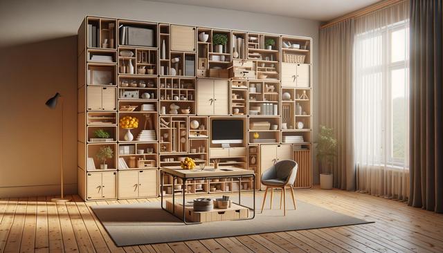 A modern home office with a large wooden shelving unit displaying various objects, a desk with a chair, and a large window with curtains.