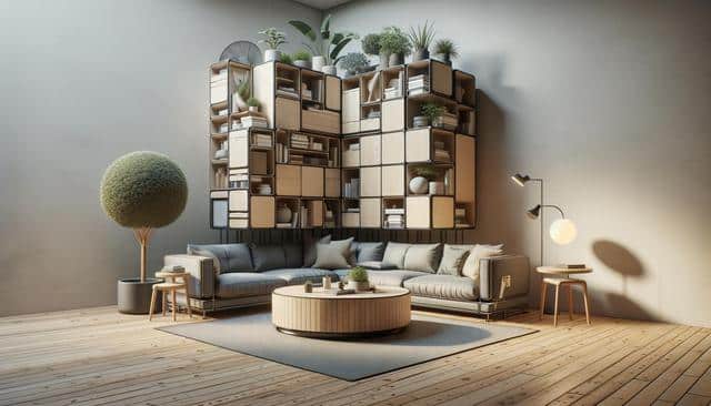 Modern living room with a gray sectional sofa, wooden shelves filled with plants and books, round coffee table, and a large potted tree.