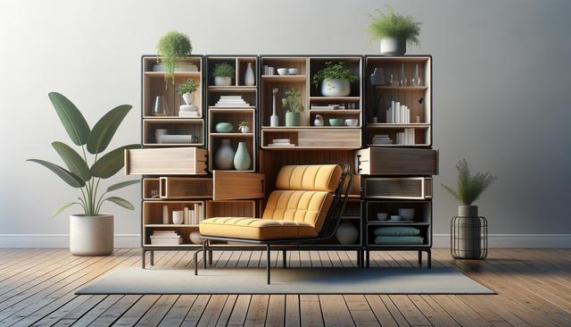 Modern living room with a yellow lounge chair, open shelving, and potted plants on a wooden floor.