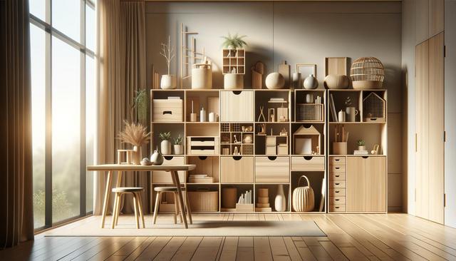 Sunlit minimalist room with wooden shelves and a table, decorated with plants and various objects.
