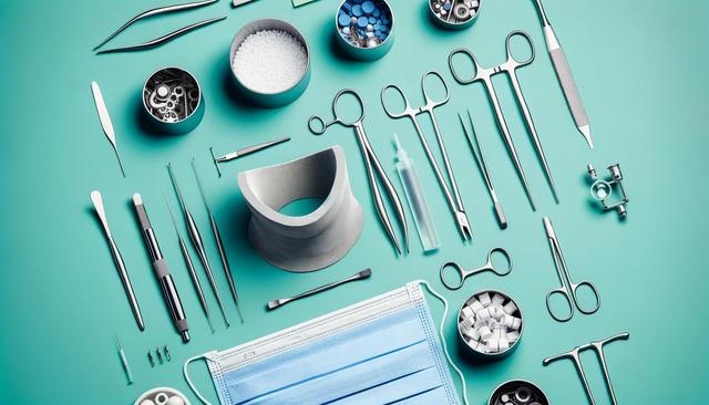 Surgical tools and supplies on a teal background, including a mask, scissors, forceps, and a neck brace.