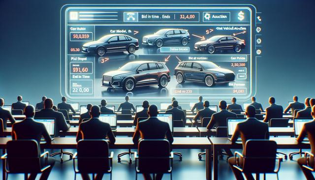 People in a conference room are using computers with cars displayed on a large digital screen.