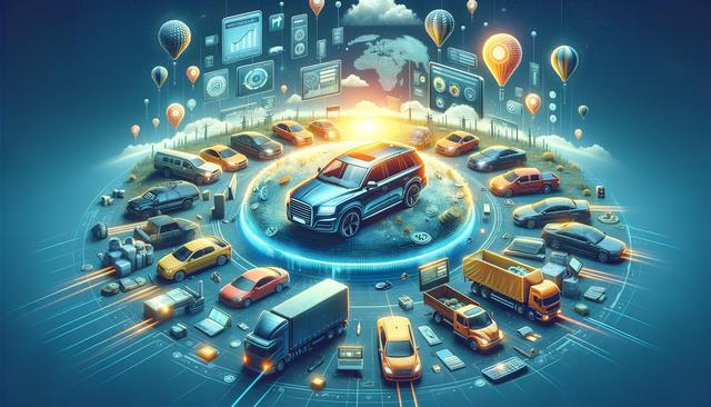 A futuristic scene with various vehicles and technology elements on a digital grid, surrounded by hot air balloons and digital interfaces.