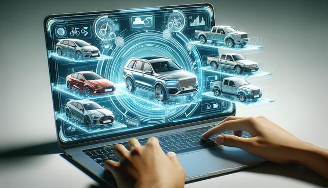 Hands typing on a laptop with a digital holographic display of various car models.