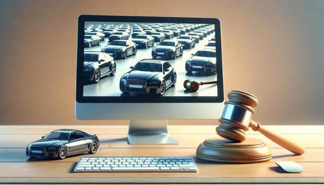 A computer displays a car auction image, with a gavel beside it.