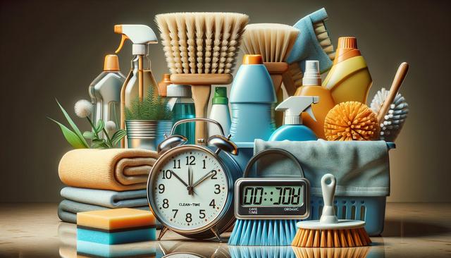 Assorted cleaning supplies, clocks, and brushes arranged neatly.