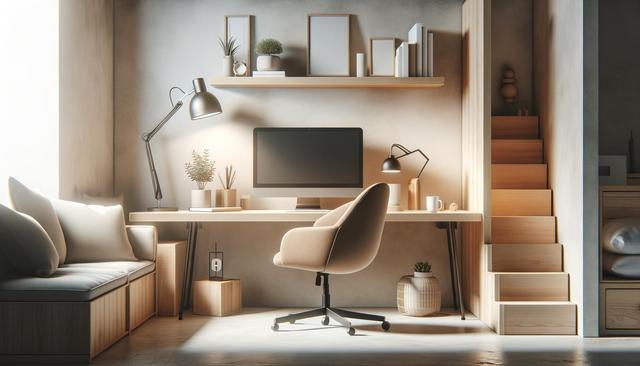 A cozy, modern home office with a computer, plants, and chair, next to a small staircase.