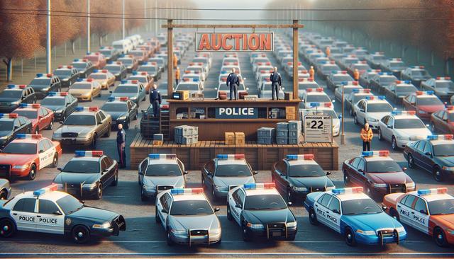 Police cars lined up at an auction with a platform labeled "Police" and officers standing by.