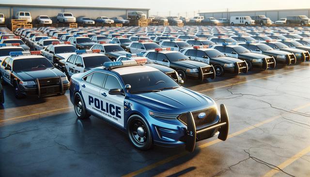 Rows of police cars parked in a lot, with a large building in the background.