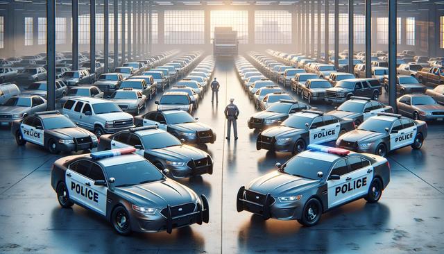 A large garage filled with rows of police cars, two officers stand in the center aisle.