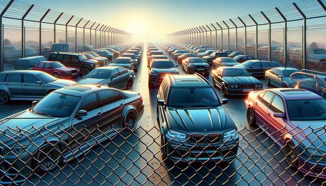 A large parking lot filled with various cars, surrounded by a chain-link fence, under a setting sun.