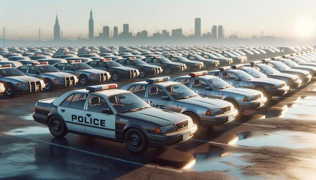 Rows of police cars parked on a wet surface, with a city skyline and rising sun in the background.