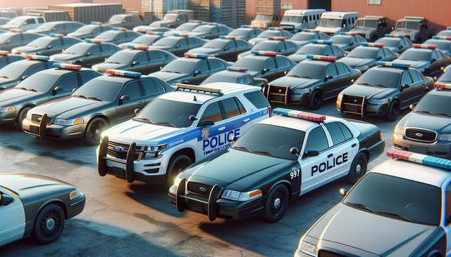 Numerous parked police cars with light bars, in a lot with a large warehouse in the background.