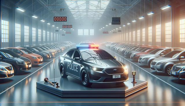 A police car on a platform with a trophy and gavel, surrounded by rows of parked cars in a lit garage.