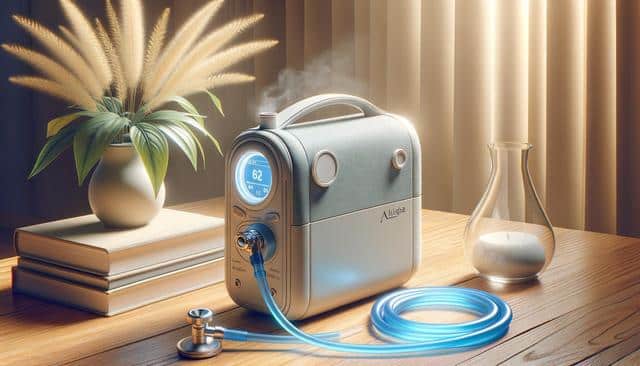 Portable medical device on a wooden table with a hose, stethoscope, book, plant, and candle.