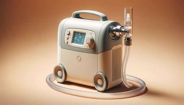 Portable oxygen concentrator with wheels, digital display, and connected hose on a beige background.