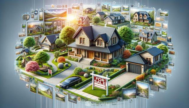 A charming house with a "For Sale" sign, surrounded by a digital collage of home images.
