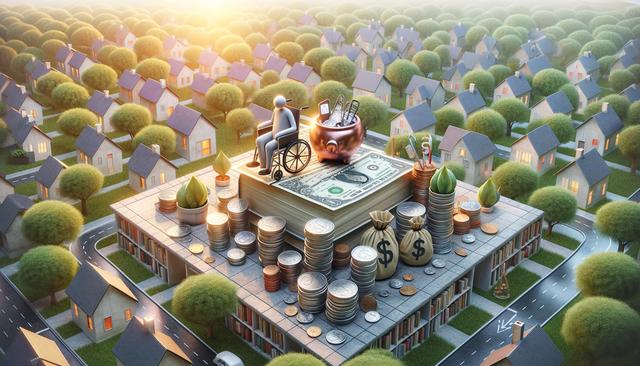 A person in a wheelchair is on a large book surrounded by coins, dollar bags, and a piggy bank, amidst a suburban neighborhood with houses and trees.