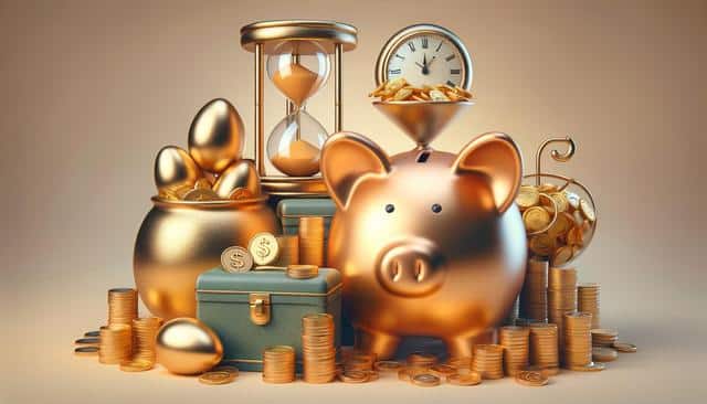 A golden piggy bank with coins, a clock, a pot of golden eggs, and an hourglass, symbolizing wealth and time.