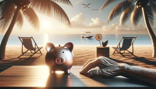 A piggy bank and a hand on a table, with a beach, palm trees, and a sunset in the background.