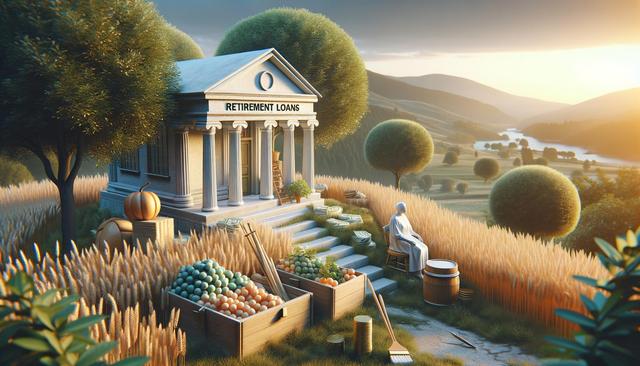 A small temple labeled "Retirement Loans" stands amidst a lush landscape, surrounded by crates of produce and a seated person.