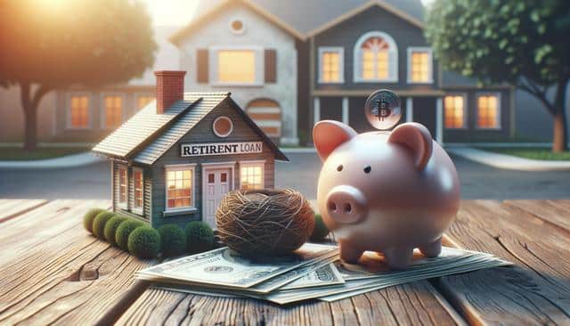 Piggy bank with bitcoin coin, retirement loan house model, nest egg, and money in foreground.