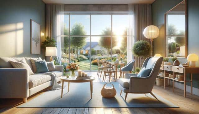 Bright living room with modern furniture, large windows, and garden view.