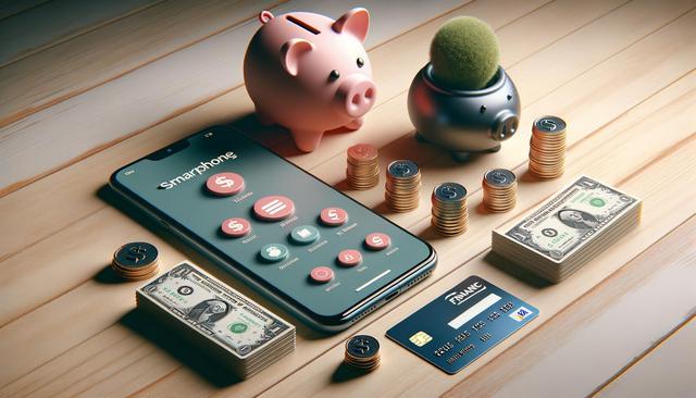 Smartphone with financial app, piggy banks, coin stacks, dollar bills, and a credit card on a wooden surface.