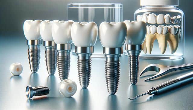 Dental implants and tools with a model of teeth in a jar.