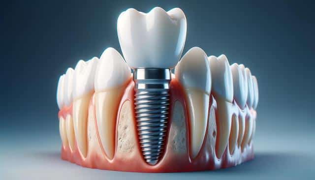 Close-up of dental implant with a crown in the jaw, surrounded by natural teeth and gum tissue.