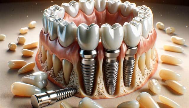 Close-up of dental implants in gums, surrounded by loose teeth.