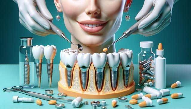 Dental tools working on large teeth model with implants, surrounded by bottles and capsules.