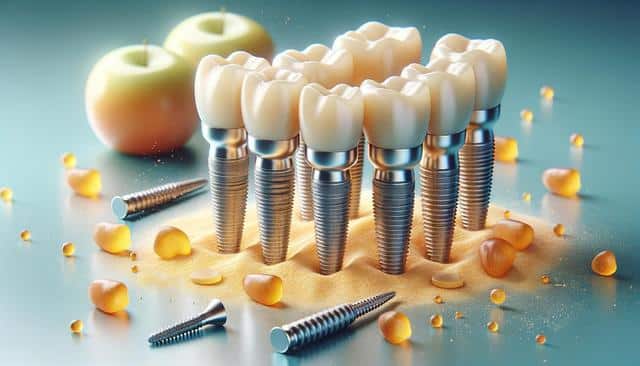 Dental implants resembling teeth surrounded by golden corn kernels and apples on a sandy surface.