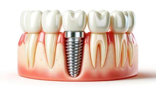 Cross-section of gums showing a dental implant screw, surrounded by natural teeth roots.