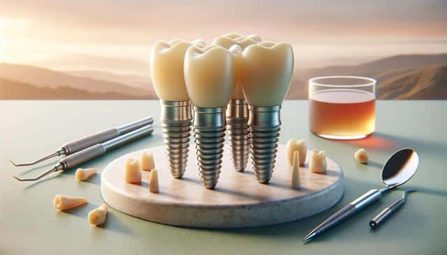 Dental implants on a tray with dental tools and a glass of liquid, set against a mountain backdrop.